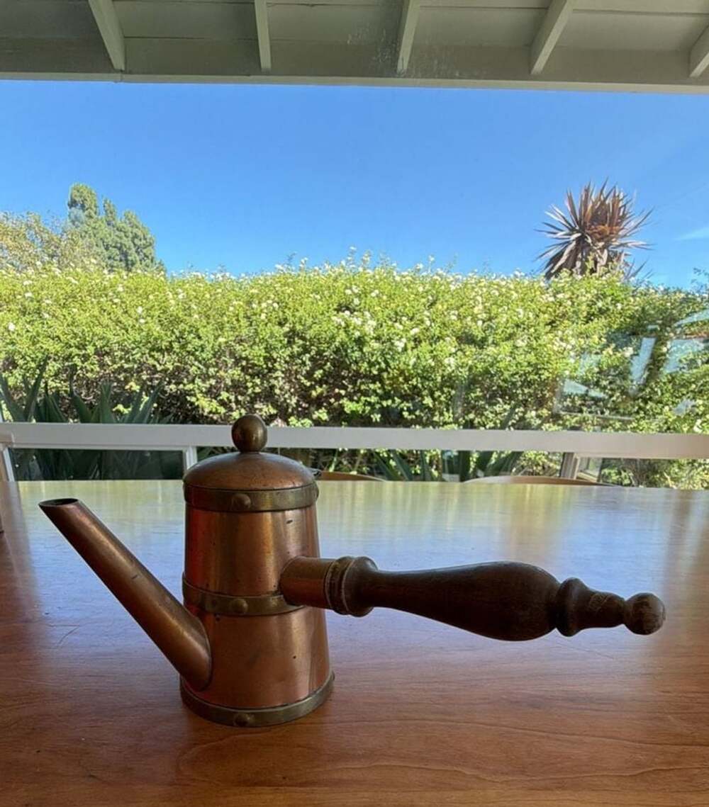 Vintage Mexican Copper And Brass Coffee Pot With Wood Handle